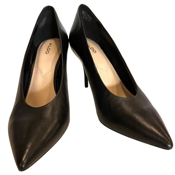 Aldo Classic Women’s Black Leather Pumps Size 7.5 3.5” Heels Shoes - Picture 1 of 12
